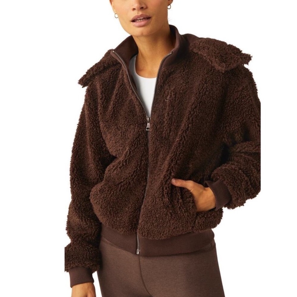 Beyond Yoga Brown Teddy Fleece Bomber Jacket Detachable Hood Womens Medium